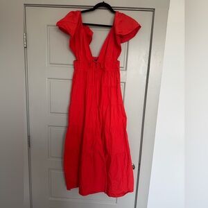 Red Plunge Neck Flutter Sleeve Sundress